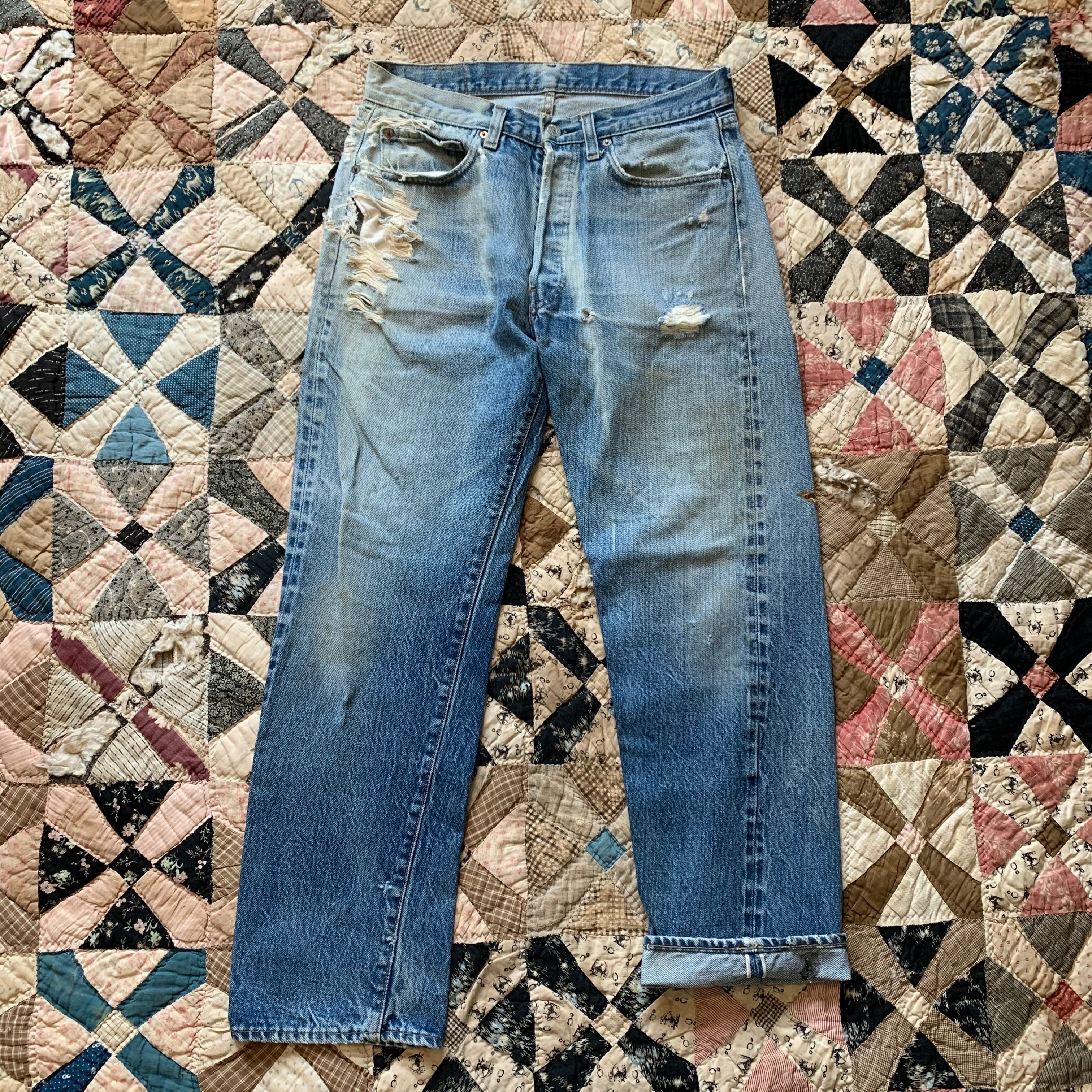 LEVI’S / 80's 501 crush repair denim 1980's Thrashed Levi's 501 Redline Selvedge Denim Jeans 31” x 28