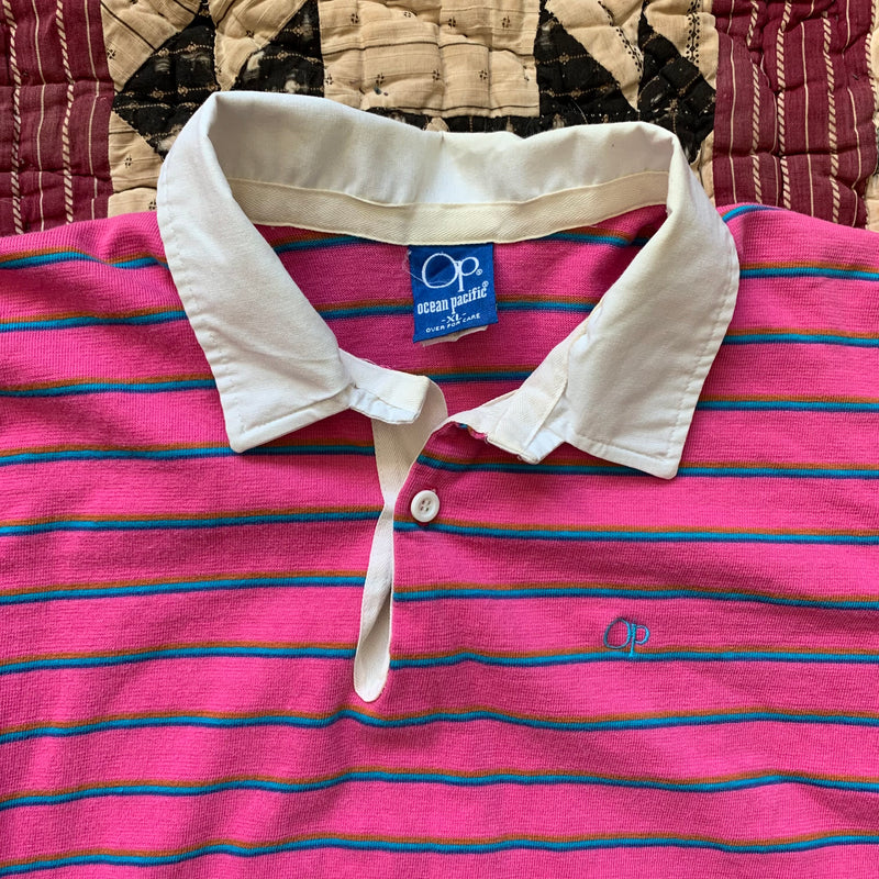 1980's Ocean Pacific Pink Stripe Long Sleeve Rugby Shirt XL